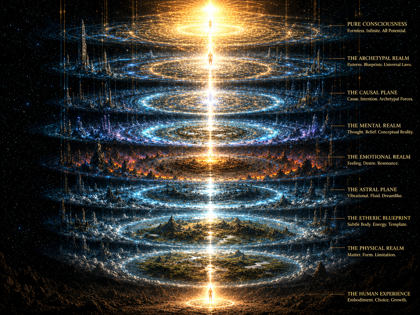 The nine descending planes of reality — from Pure Consciousness to the Human Experience